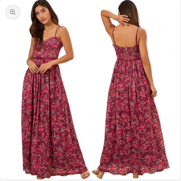 Altar'd State Dresses & Skirts - Altar’d State Liora Floral Maxi Dress Burgundy Lace Floral Corset Ribbon SZ XS